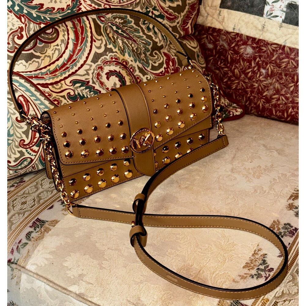 Michael Kors Brown Lthr Gold Chain Studded Crossbody EUC